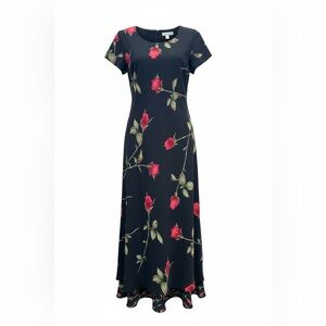 90s Vintage black midi dress with floral roses and flowy hem